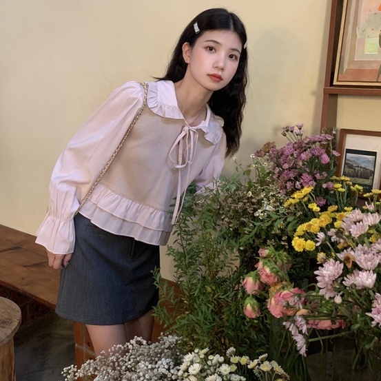 Áo sweater ZHELIHANGFEI tay dài lưng cao dáng ôm phối bèo phong cách Nhật Bản trẻ trung cao cấp