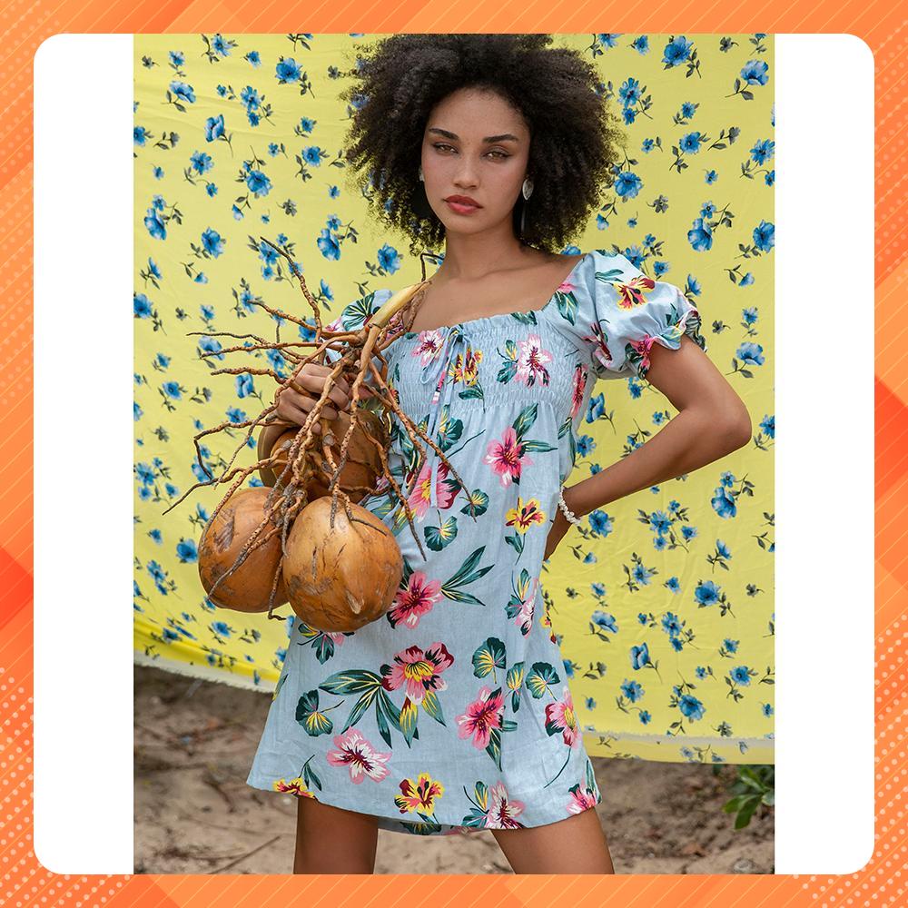 Đầm mini thun ngực YV LE &amp; CO vải linen màu xanh họa tiết tropical nữ tính nổi bật