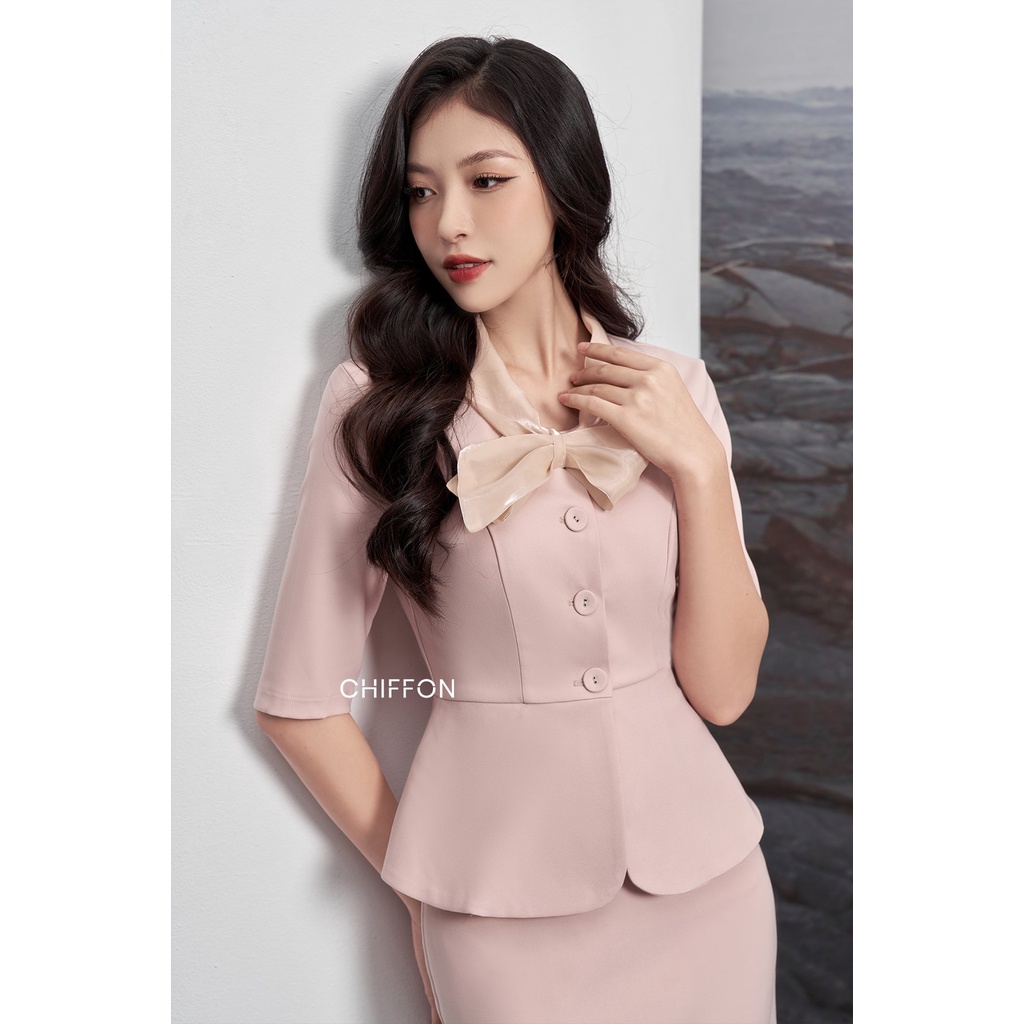 Set ký giả peplum cổ phối nơ thiết kế Chiffon