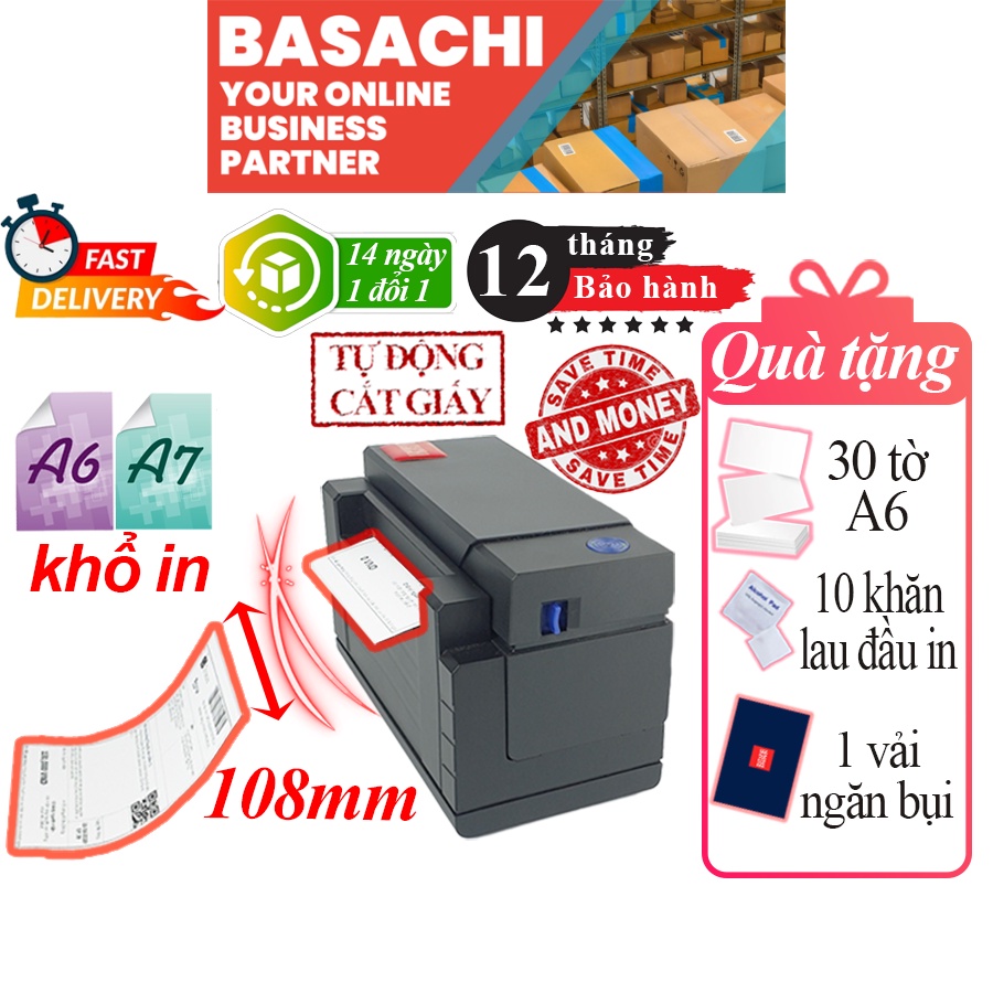 Máy in nhiệt BASACHI cắt giấy tự động A6 A7 đơn hàng hóa đơn giấy in nhiệt bill BH 12 tháng