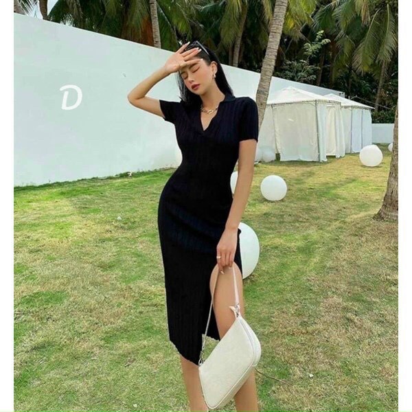 Đầm thun gân cổ bẻ tay ngắn, đầm thun ôm body dáng dài xẻ tà đơn giản 2 màu đen nu