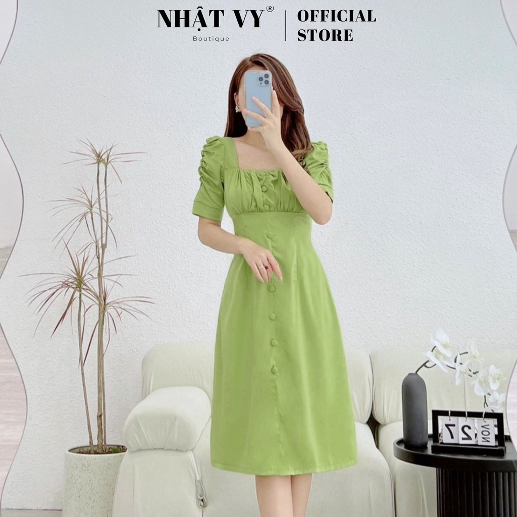 Đầm công sở Nhật Vy nhún ngực tay cách điệu đính cúc bọc chất lụa phù hợp đi chơi dạo phố - D2557