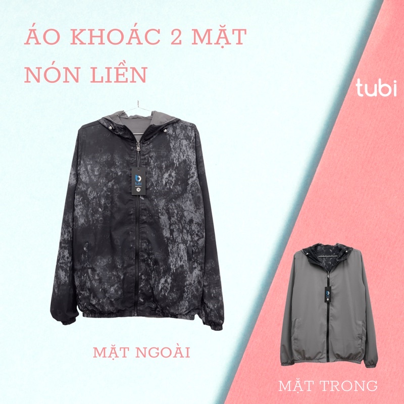 (Chống Nắng,2 Mặt,4 túi) Áo khoác Tubi Nón Liền Màu Wash Đen loang