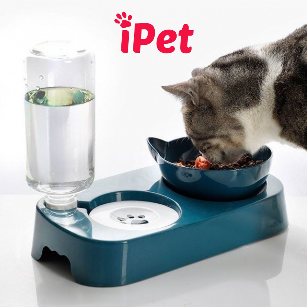 Bát Ăn Đôi Kèm Bình Nước Tự Động Hình Tai Mèo Chống Gù Cho Thú Cưng Khay Đựng Đồ Ăn Chó Mèo - iPet Shop