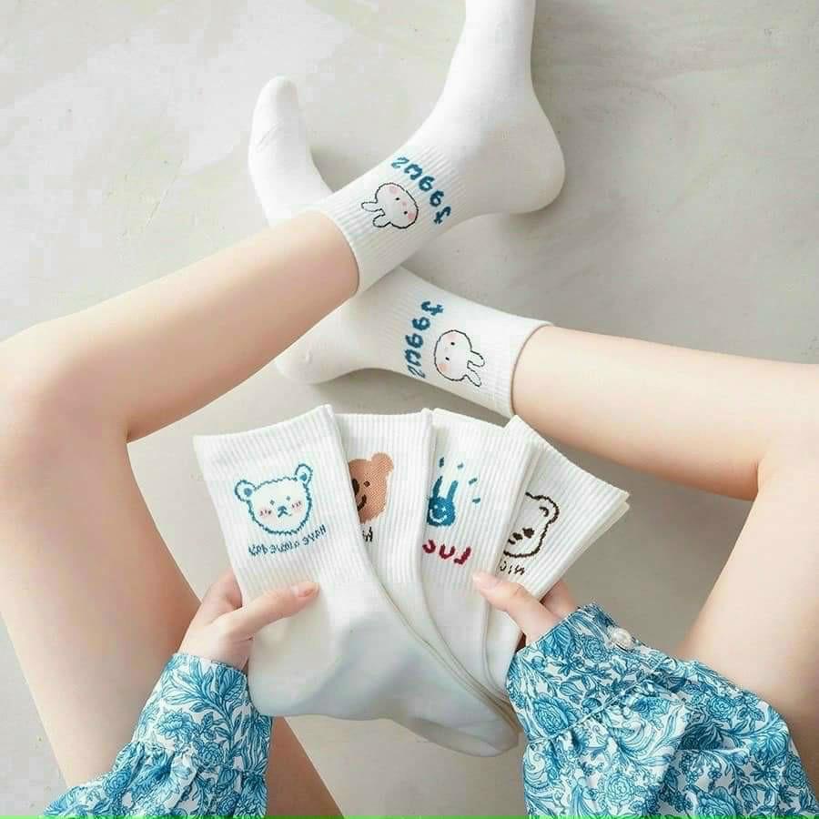 PVN34316 Set 5 Đôi Tất Vớ Cổ Cao Gấu Thỏ Trắng Cute Dễ Thương T2