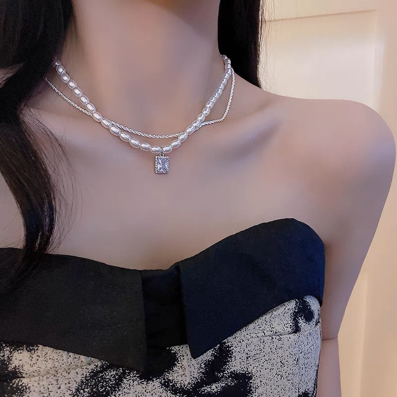 Dây Chuyền Vòng Cổ Ngọc Tra.i Kèm Dây Bạc Mỏng Kèm Mặt Đá