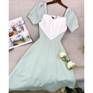 Đầm công sở xanh xinh cổ vuông dáng dài xòe tay phồng thanh lịch thiết kế cao cấp đẹp Thời trang Lux W Xanh trái tim