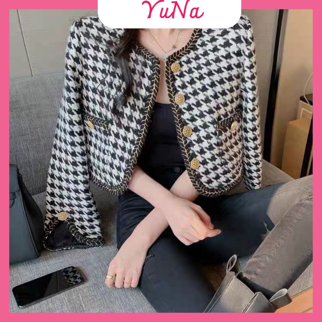 Áo dạ tweed YUNA kẻ caro dáng ngắn tiểu thư cardigan khoác ngoài dày dặn, thời trang nữ YUNA