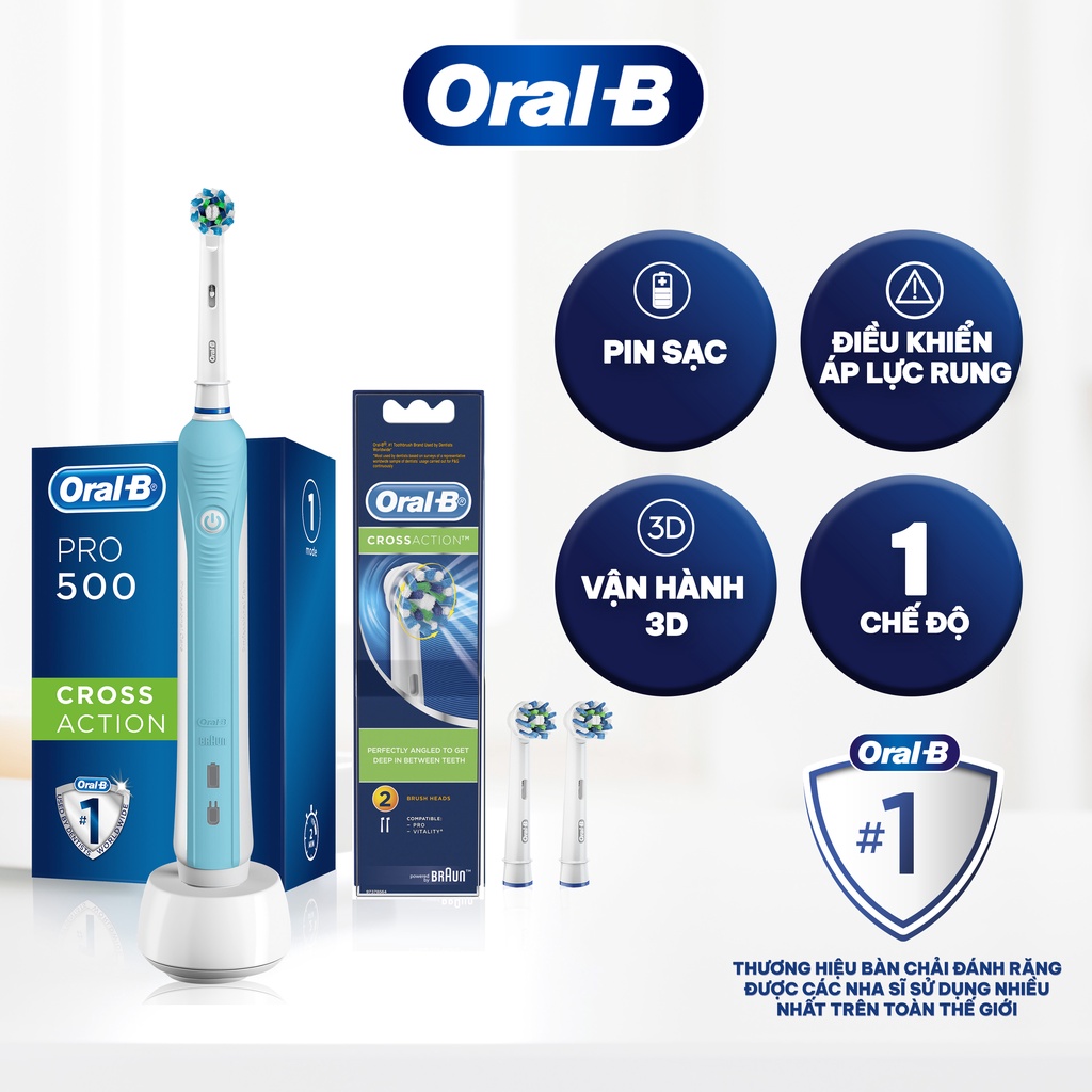 Combo Bàn Chải Điện ORAL-B Pro 500 Và Đầu Bàn Chải ORAL-B Cross Action (2 Cái)