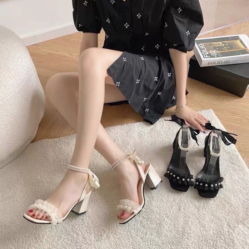 GIÀY NỮ QUAI NGANG GÓT VUÔNG 6CM - SANDAL NỮ QUAI HẬU ĐÍNH NGỌC CỘT NƠ S02