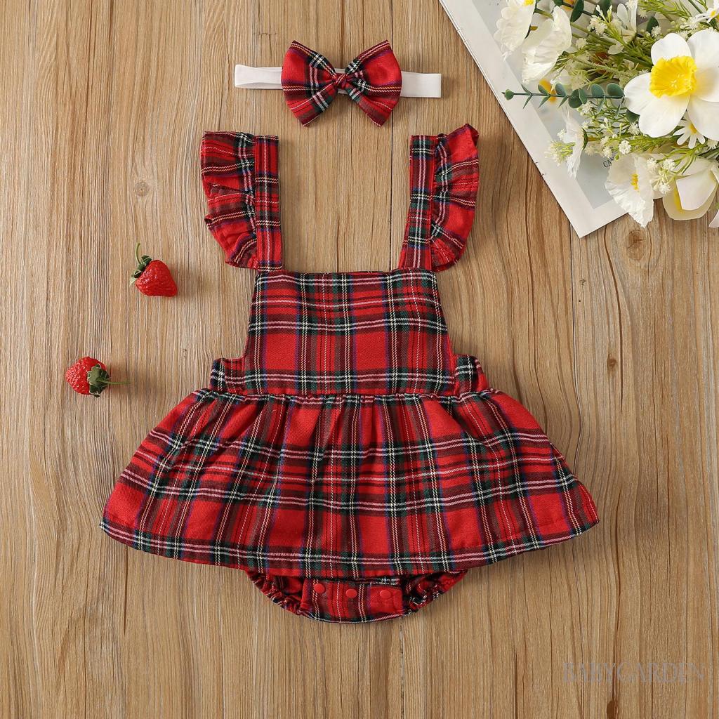 Set Đầm Sát Nách Cổ Vuông Hở Lưng + Băng Đô Nơ Họa Tiết Sọc Caro Giáng Sinh Cho Bé Gái 0-24 Tháng Tuổi