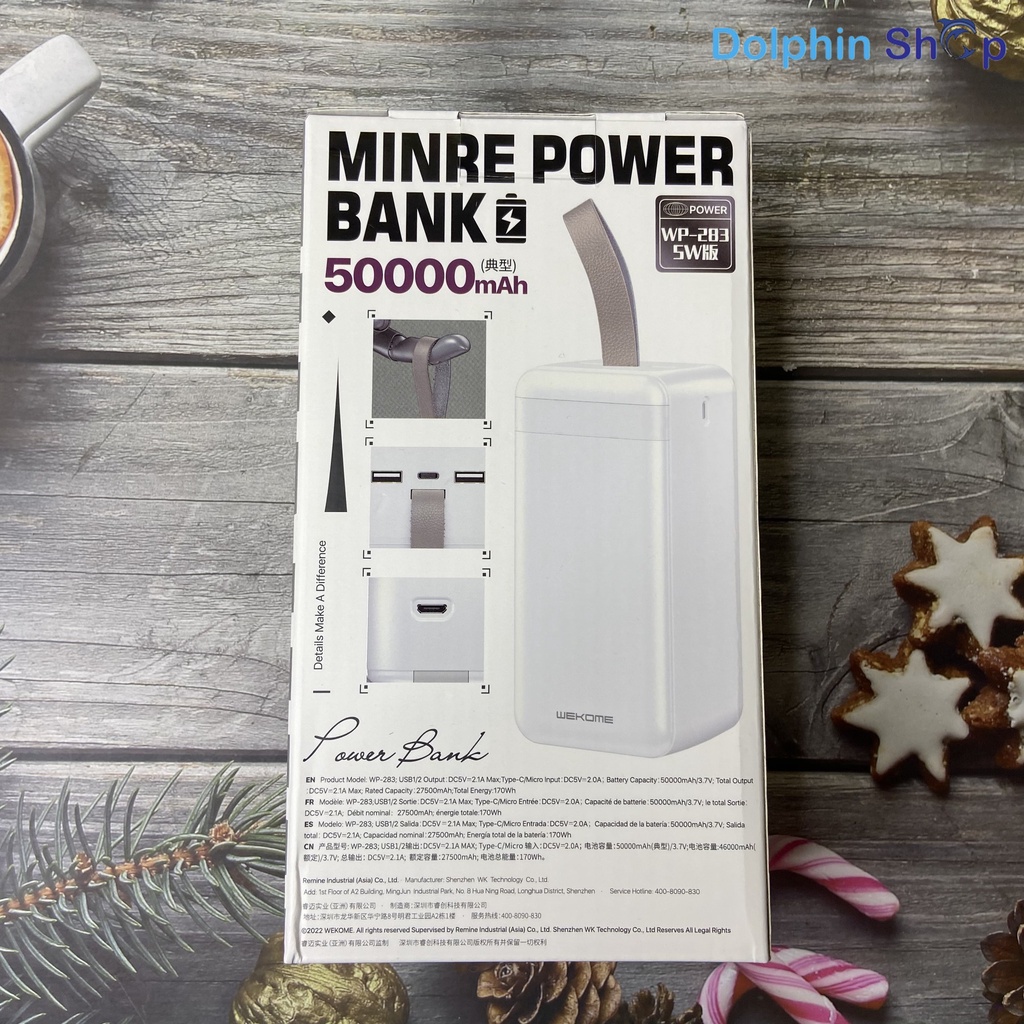 Sạc Dự Phòng 50.000mAh WP283 Tích Hợp Đèn Pin Siêu Sáng
