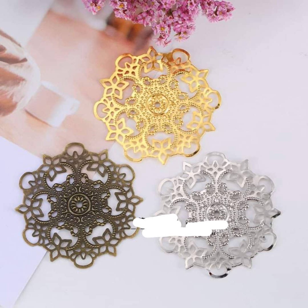 (1-5 cái)Phiến kim loại họa tiết tròn 55mm, Nguyên liệu làm trang sức cổ trang, Nguyên liệu diy