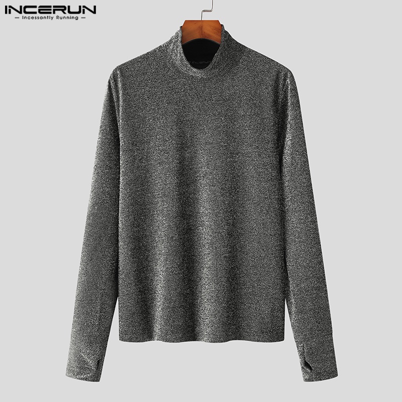 Áo thun INCERUN tay dài cổ lọc màu bạc/tím phong cách mùa thu thời trang sành điệu cho nam