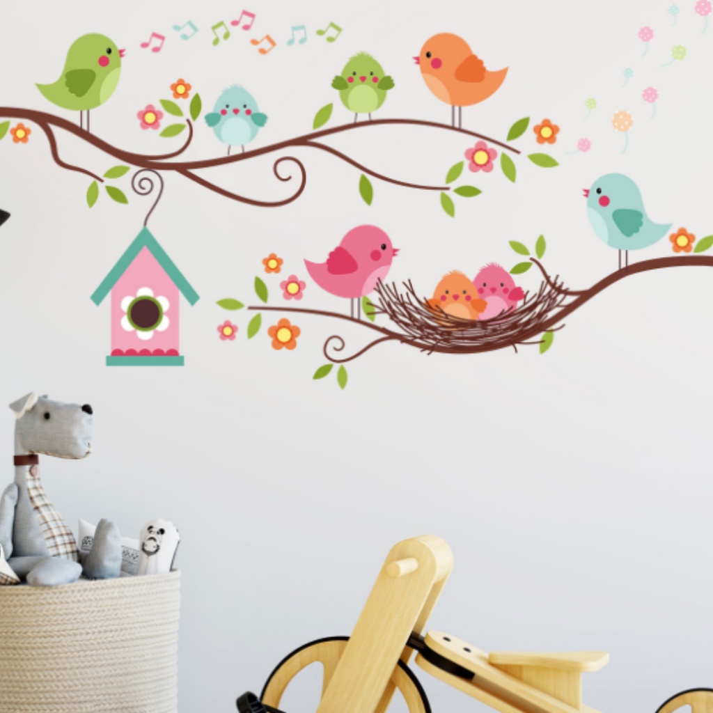 PNB05_Tranh decal dán tường ngôi nhà và gia đình chim nhỏ thích hợp cho phòng ngủ bé/ phòng ngủ/mầm non