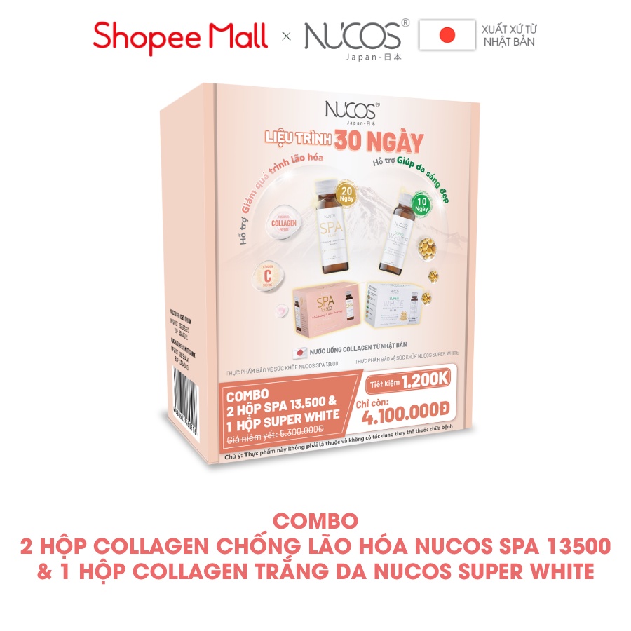 Combo liệu trình nước uống collagen đẹp da giảm thâm nám Nucos Spa 13500 và Nucos Super White 3 hộp x 10 chai x 50ml