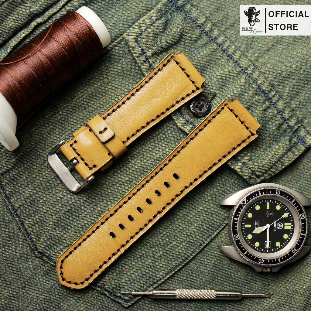DÂY ĐỒNG HỒ DA BÒ VÀNG SÁNG CHO CASIO AE1200 / SEIKO 5/ ORIENT SK DA BÒ THẬT RAM 1983 *