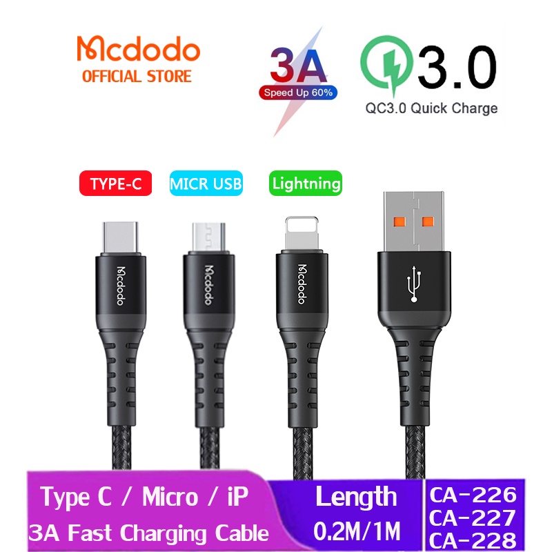 Dây Cáp Sạc Nhanh Mcdodo USB 3A QC 3.0 4.0 Dài 0.2M 1M CA-266 / 227 / 228