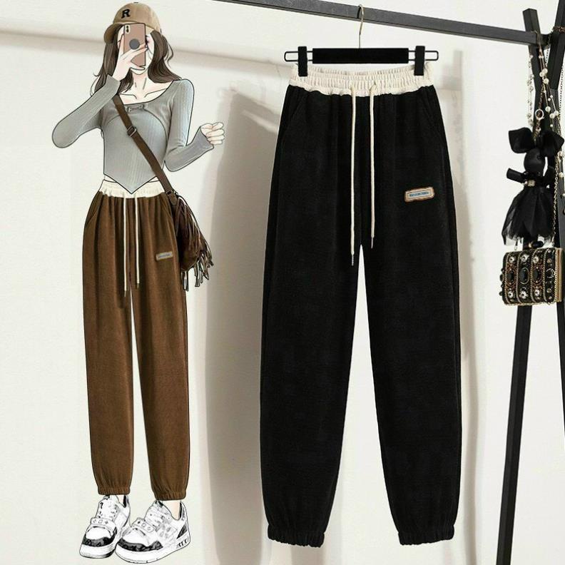 quần baggy bo gấu vải nhung tăm cạp thun lưng cao có dây rút