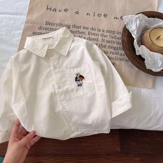 Nhật bản hàn quốc quần áo trẻ em bé trai mùa xuân thu áo sơ mi cotton trẻ em áo sơ mi trắng phiên bản hàn quốc gấu thêu dài tay áo sơ mi kẻ sọc