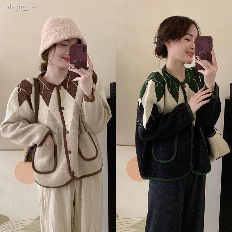 Áo Khoác Cardigan Dệt Kim Tay Dài Màu Sắc Tương Phản Phong Cách Retro Nhật Bản Cho Nữ