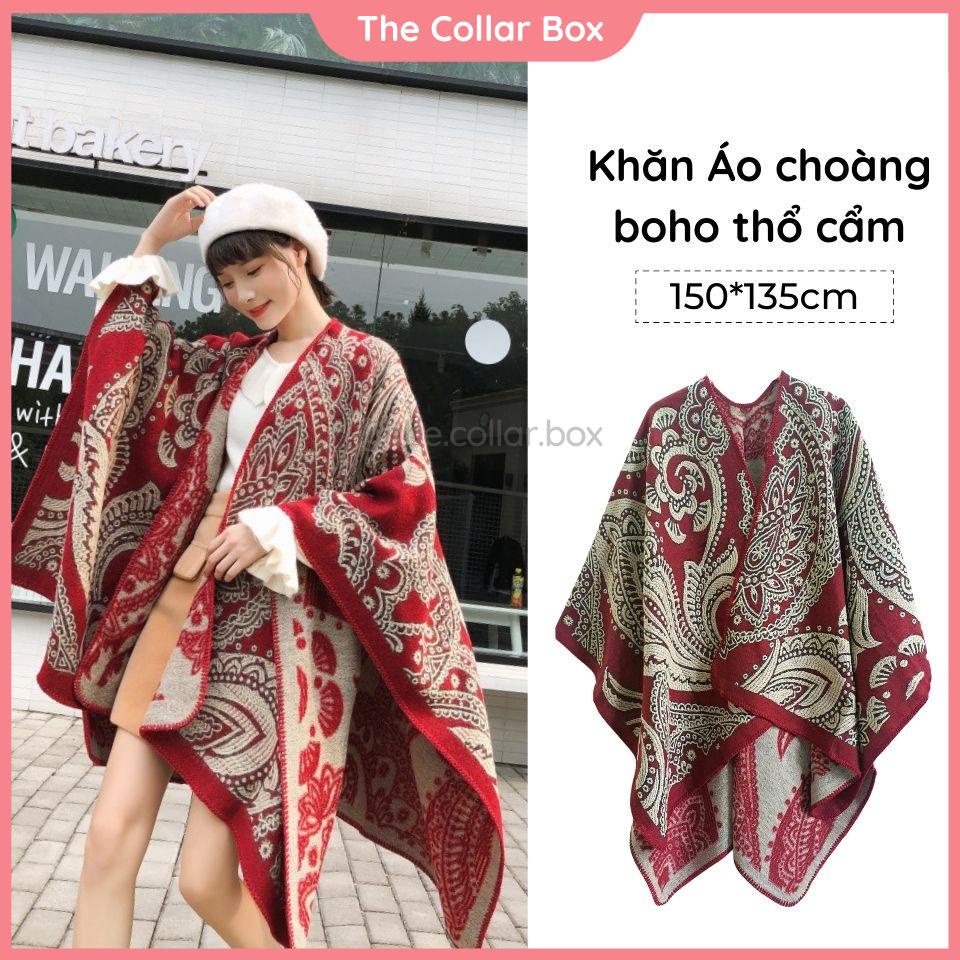 Khăn áo choàng boho thổ cẩm nữ mùa thu đông áo choàng poncho len dạ dày ấm đỏ dân tộc - Mã AC001 The Collar Box