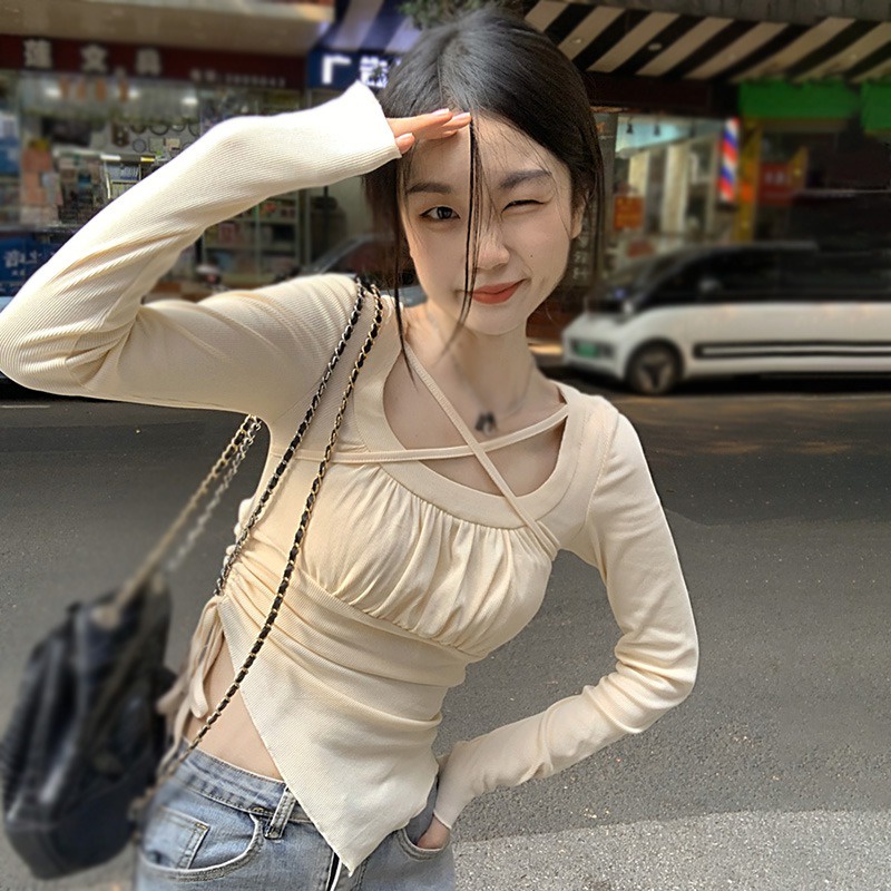 Áo Thun Tay Dài Cổ Vuông Màu Sắc Ngọt Ngào Thiết Kế Dây Rút Phong Cách Hàn Quốc Cho Nữ