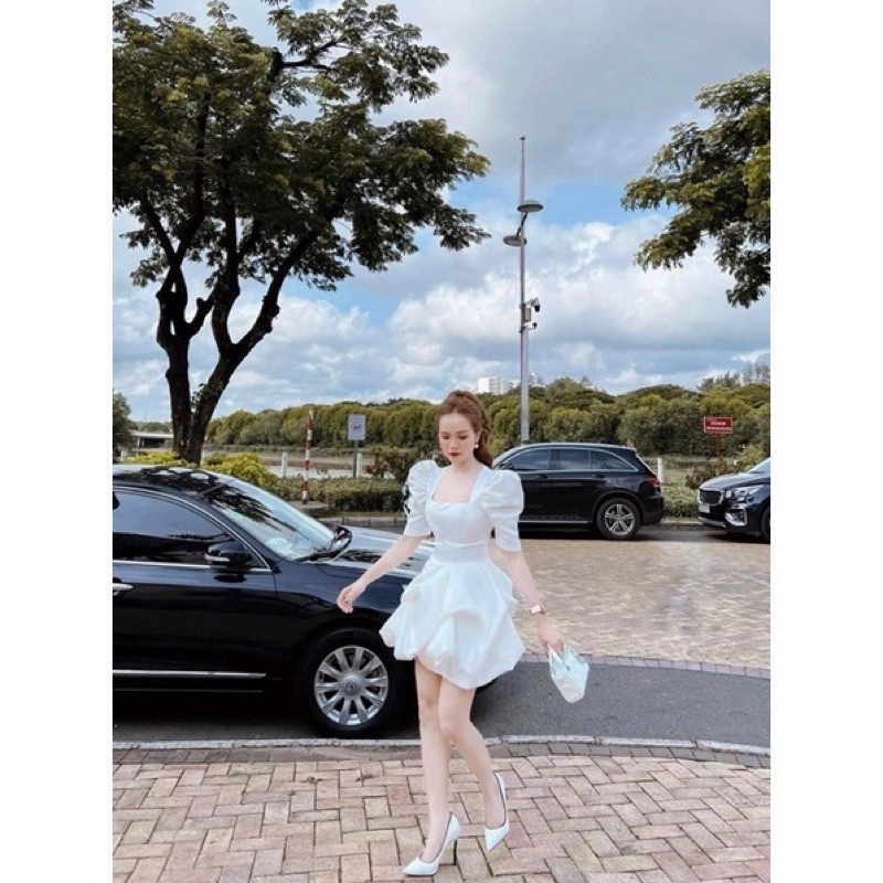 Váy nữ trắng đầm dự tiệc tay bồng dáng xoè sexy siêu xinh