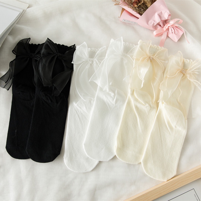 Aohan Vớ Cotton Phối Lưới Đính Nơ Lớn Và Bong Bóng Phong Cách lolita Nhật Bản