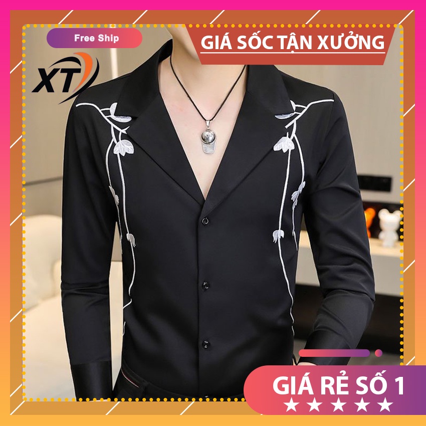 Áo sơ mi, sơ mi cổ vest , trước áo được in hình cành hoa mã n53