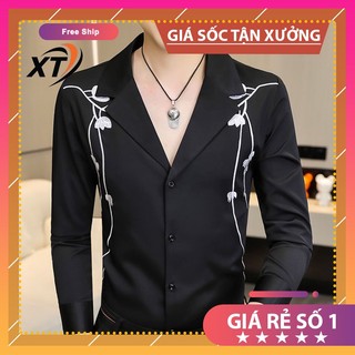 Áo sơ mi, sơ mi cổ vest , trước áo được in hình cành hoa mã n53