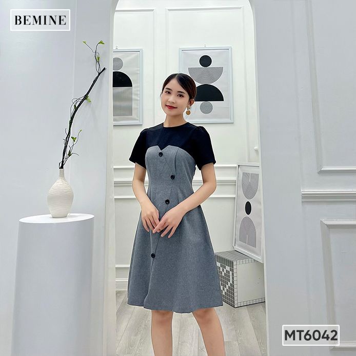 Đầm cổ phối đính nút BEMINE MT6042