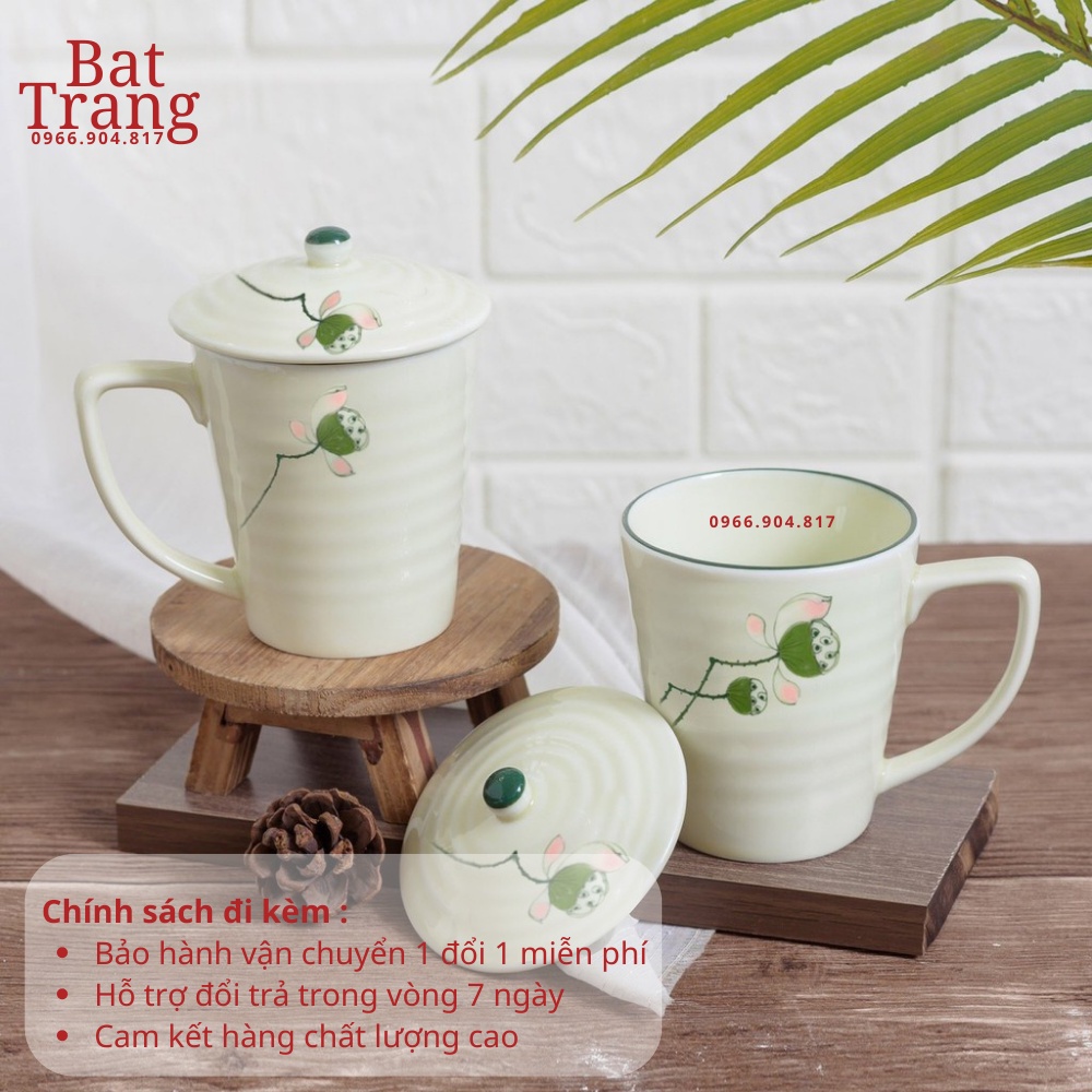 Cốc sứ uống nước có nắp men kem Bát Tràng vẽ tay 350ml, tiện lợi khi uống trà, cà phê - hàng có bảo hành