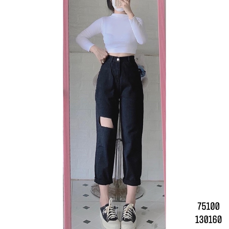 Set baggy jeans đen rách 1 Ô + Áo cổ lọ tay dài trắng