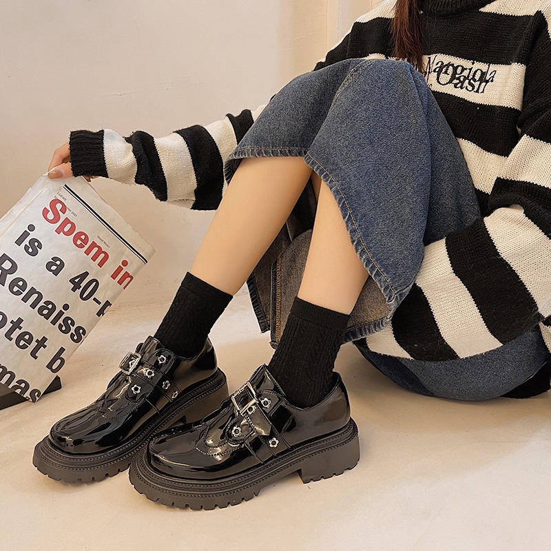 Giày Lười Đế Dày Khóa Cài Màu Đen Thời Trang Cho Nữ