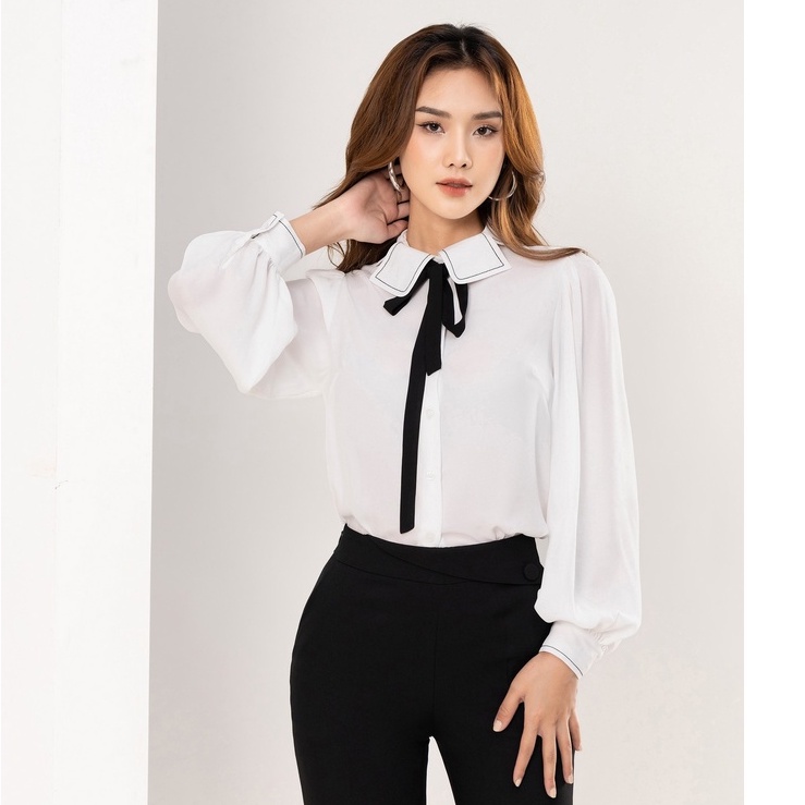 Áo sơ mi nữ cổ cách điệu, nơ cổ, chất liệu lụa cát cao cấp HeraDG SAKBB3023