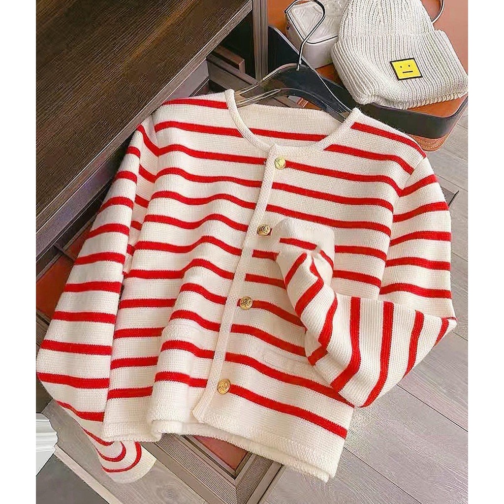 Áo len kẻ basic giả tweed cúc áo mạ vàng - Dreamynt