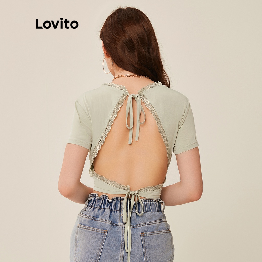 Lovito Áo Thun Hở Lưng Phối Ren L20D342