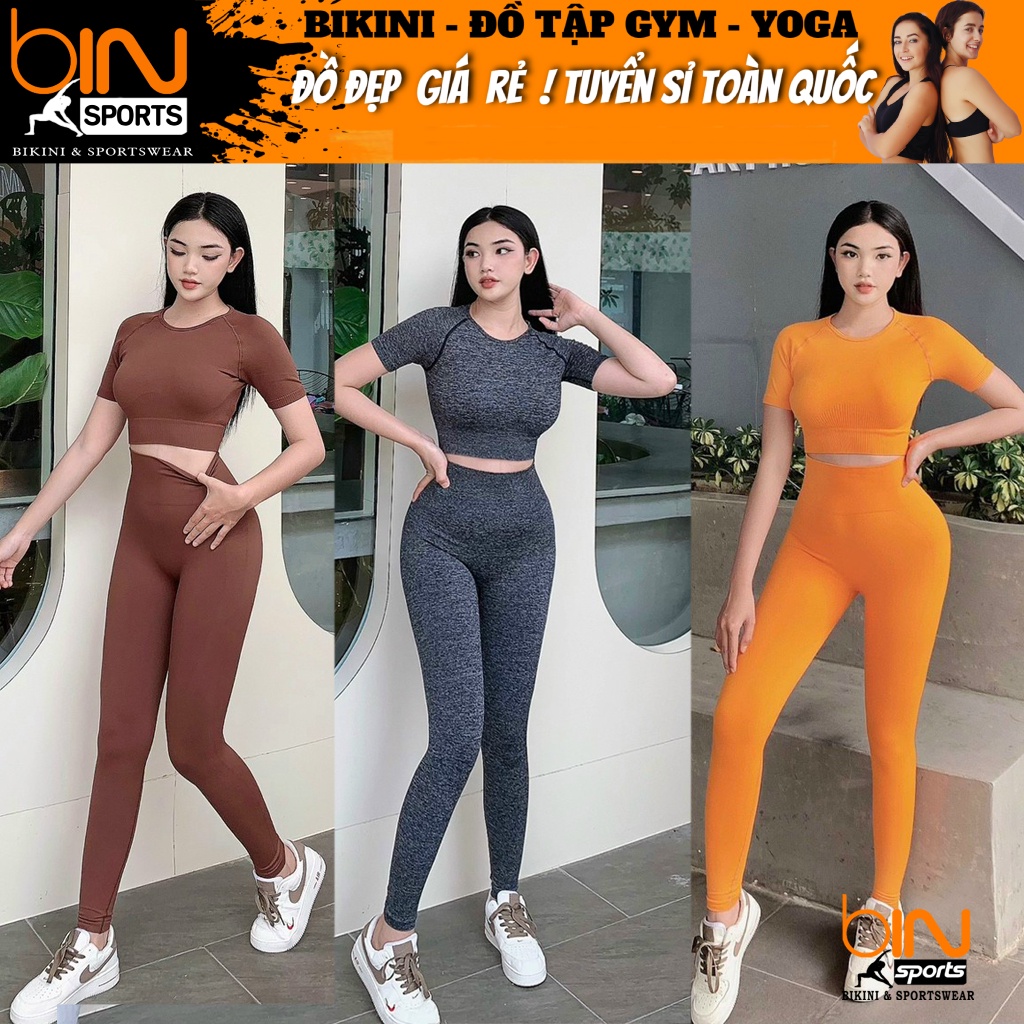 Đồ tập gym yoga thể thao nữ, set bộ dệt kim áo crop ngắn tay quần dài chun mông cao cấp Bin Sports BD183