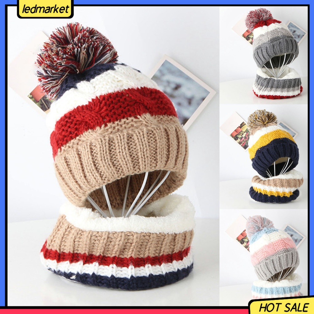 Set 2 Mũ Len Beanie Kèm Khăn Choàng Cổ Đính Bóng Lông Dày Dặn Giữ Ấm Cho Bé