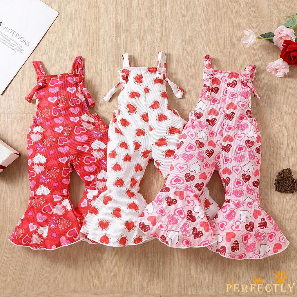 Bộ Áo Liền Quần Ống Loe Không Tay In Họa Tiết Trái Tim Cho Bé Gái