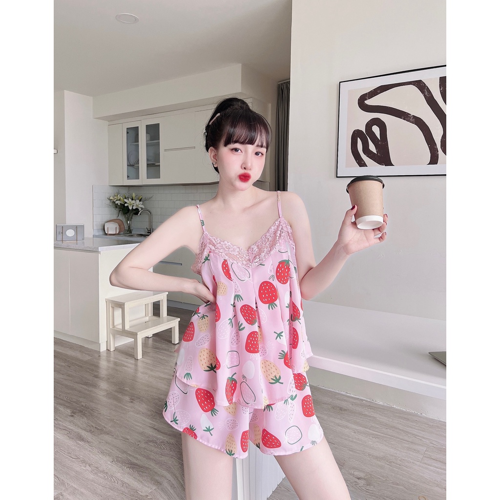 Đồ Ngủ Sexy Nữ, Bộ Ngủ Hai Dây MAngo Hoa Ren Ngực Freesize 40-65Kg