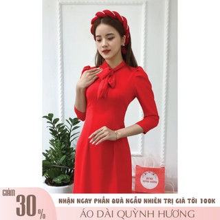 Áo dài lụa mỹ đỏ cách tân buộc nơ cổ