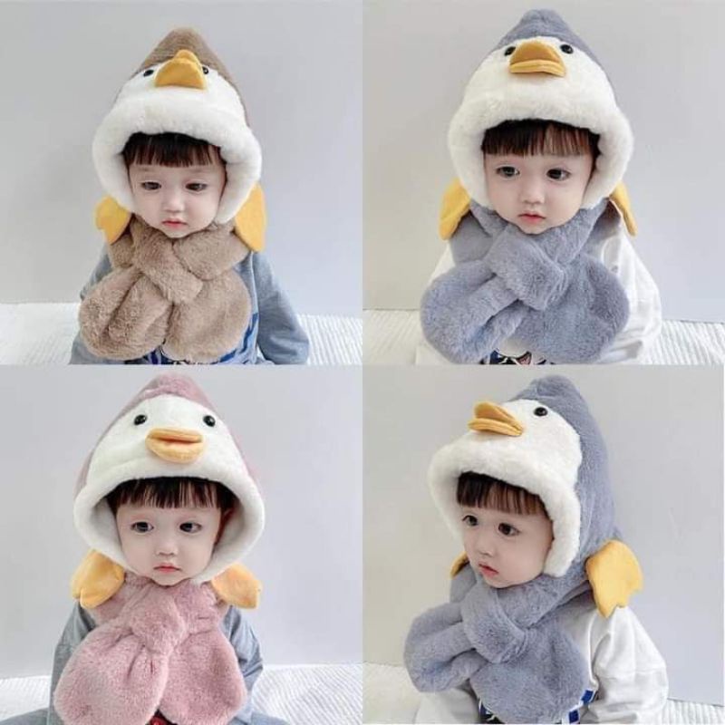 Mũ lông tuyết liền khăn HÌNH VỊT ngỗ nghĩnh, giữ ấm cho bé 1-5 tuổi
