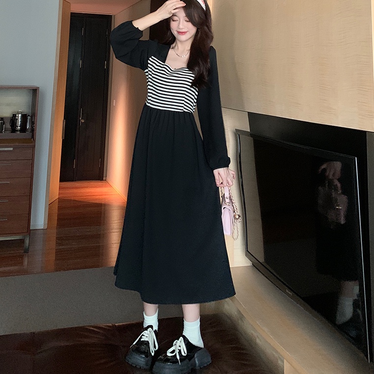 Đầm maxi SUXI dài tay cổ vuông họa tiết kẻ sọc phong cách Hàn Quốc thời trang cho nữ