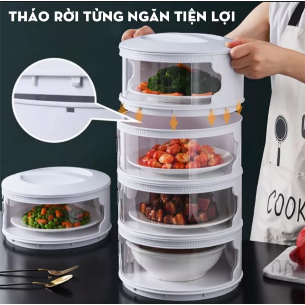 Lồng bàn để thức ăn 5 tầng chống bụi, côn trùng thông minh. Hộp giữ nhiệt bảo quản thực phẩm xếp chồng