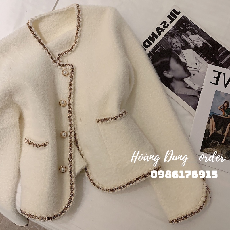 {SẴN} Áo Khoác Cardigan Len Nữ Giả Dạ Tweed Cổ Tròn Viền Kim Tuyến Cúc Ngọc Dài Tay Hàng Quảng Châu Phong Cách Hàn Quốc