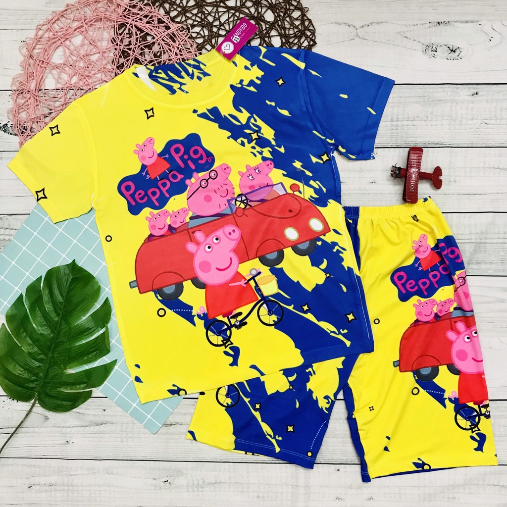 Đồ bộ thun lạnh cộc tay bé trai bé gái in 3D hình Gia Đình Heo Peppa cho bé thoáng mát