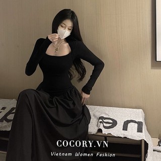 Cocorygirl Đầm Dài Tay Cổ Vuông Dáng Ôm Thời Trang Dành Cho Nữ