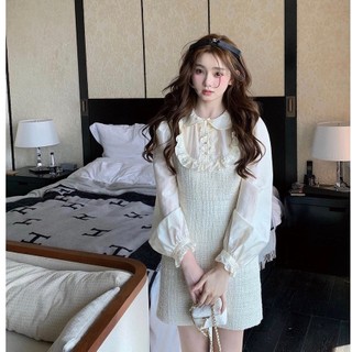 Váy dạ tweed cổ lá đính nơ bèo ngực LYRA, đầm tiểu thư dáng A xinh xắn-VSYVD0130